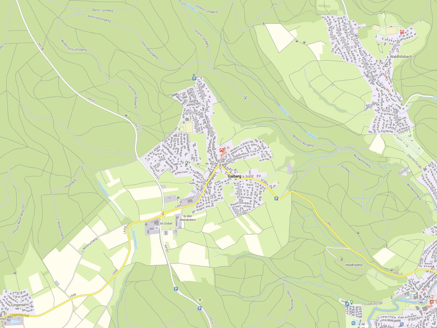 Kartenausschnitt Gaiberg mit Gewässern
