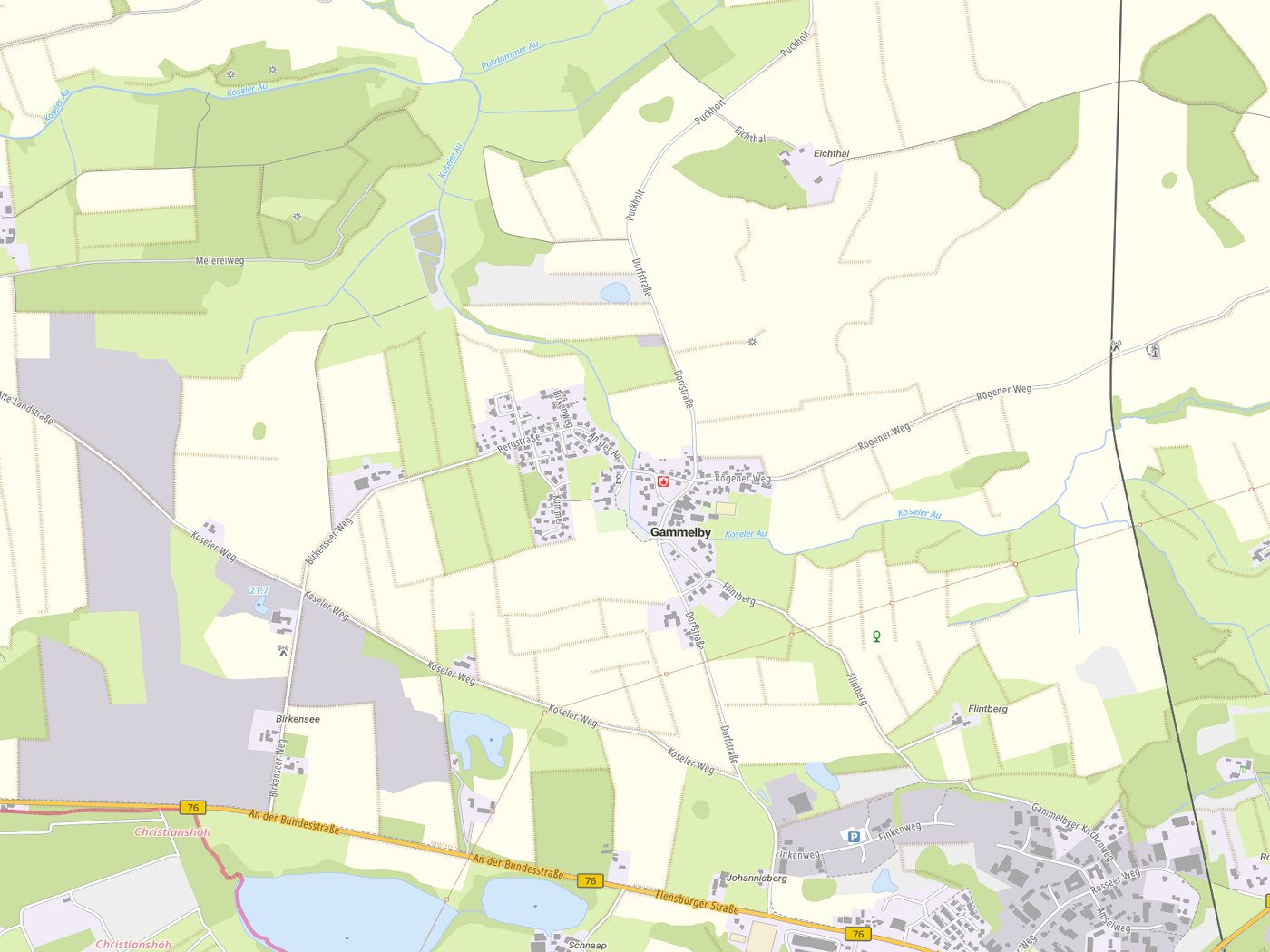 Kartenausschnitt Gammelby mit Gewässern