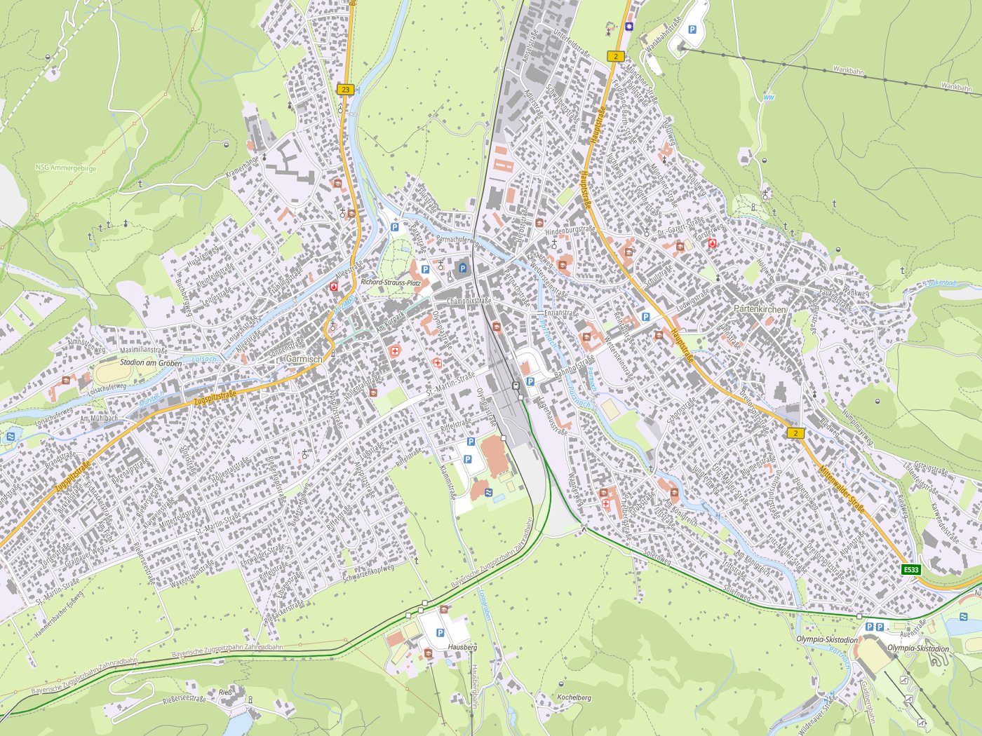 Kartenausschnitt Garmisch-Partenkirchen mit Gewässern