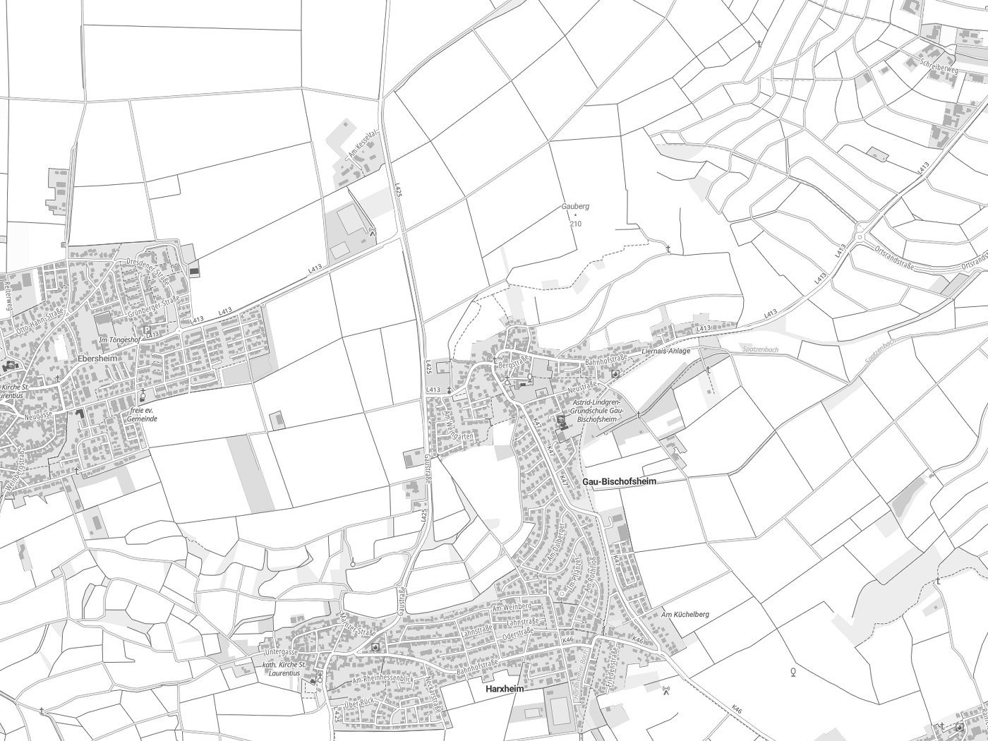 Kartenausschnitt Gau-Bischofsheim mit Gewässern