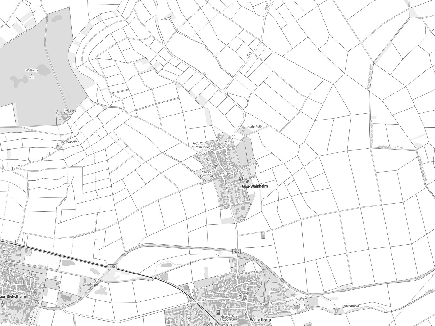 Kartenausschnitt Gau-Weinheim mit Gewässern