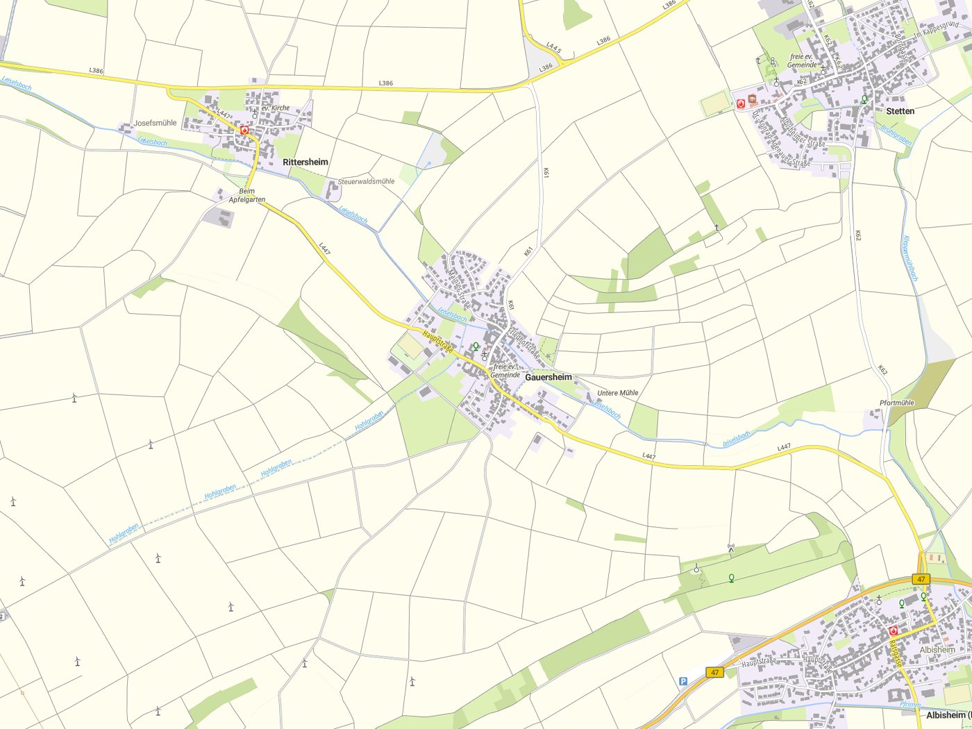 Kartenausschnitt Gauersheim mit Gewässern