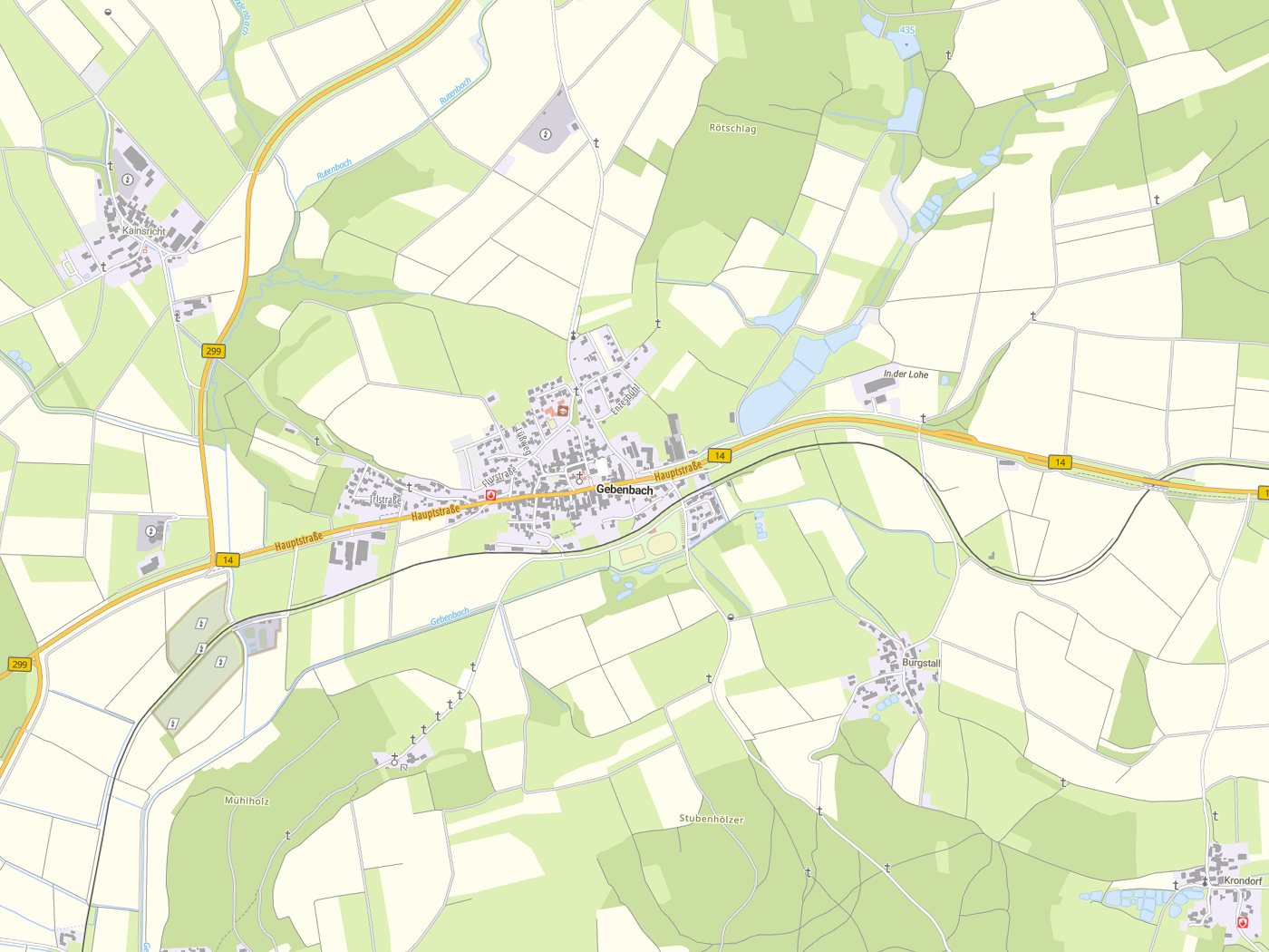 Kartenausschnitt Gebenbach mit Gewässern