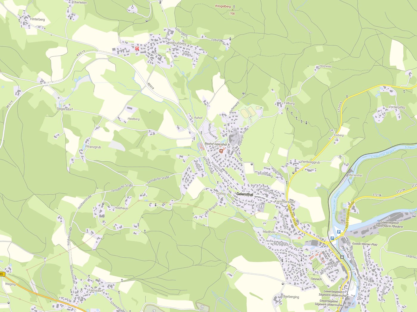 Kartenausschnitt Geiersthal mit Gewässern