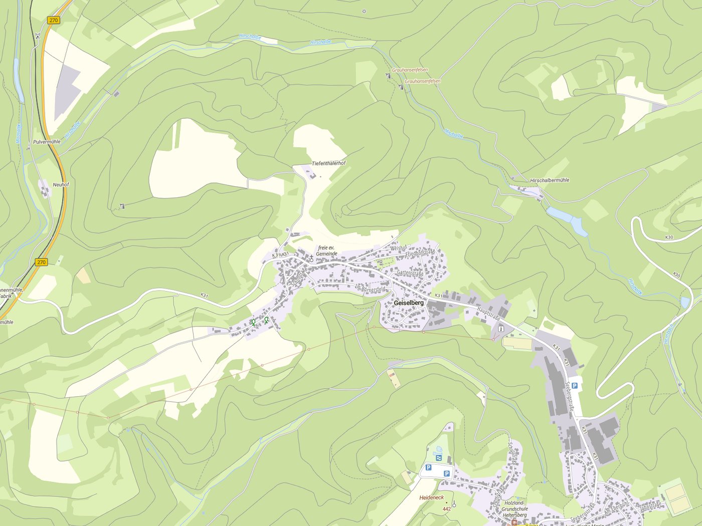 Kartenausschnitt Geiselberg mit Gewässern