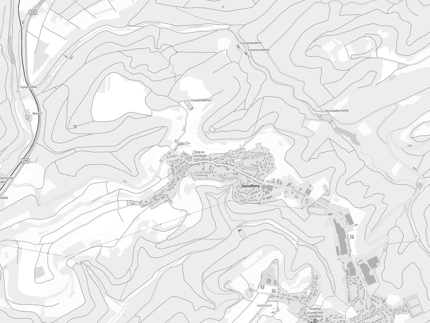 Kartenausschnitt Geiselberg mit Gewässern
