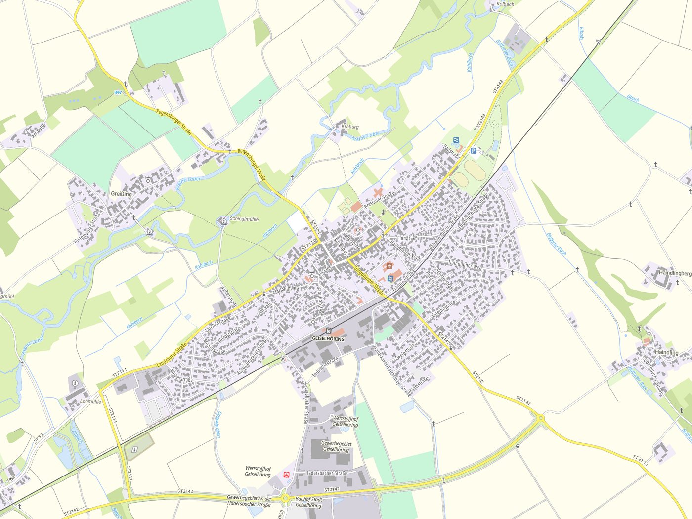 Kartenausschnitt Geiselhöring mit Gewässern