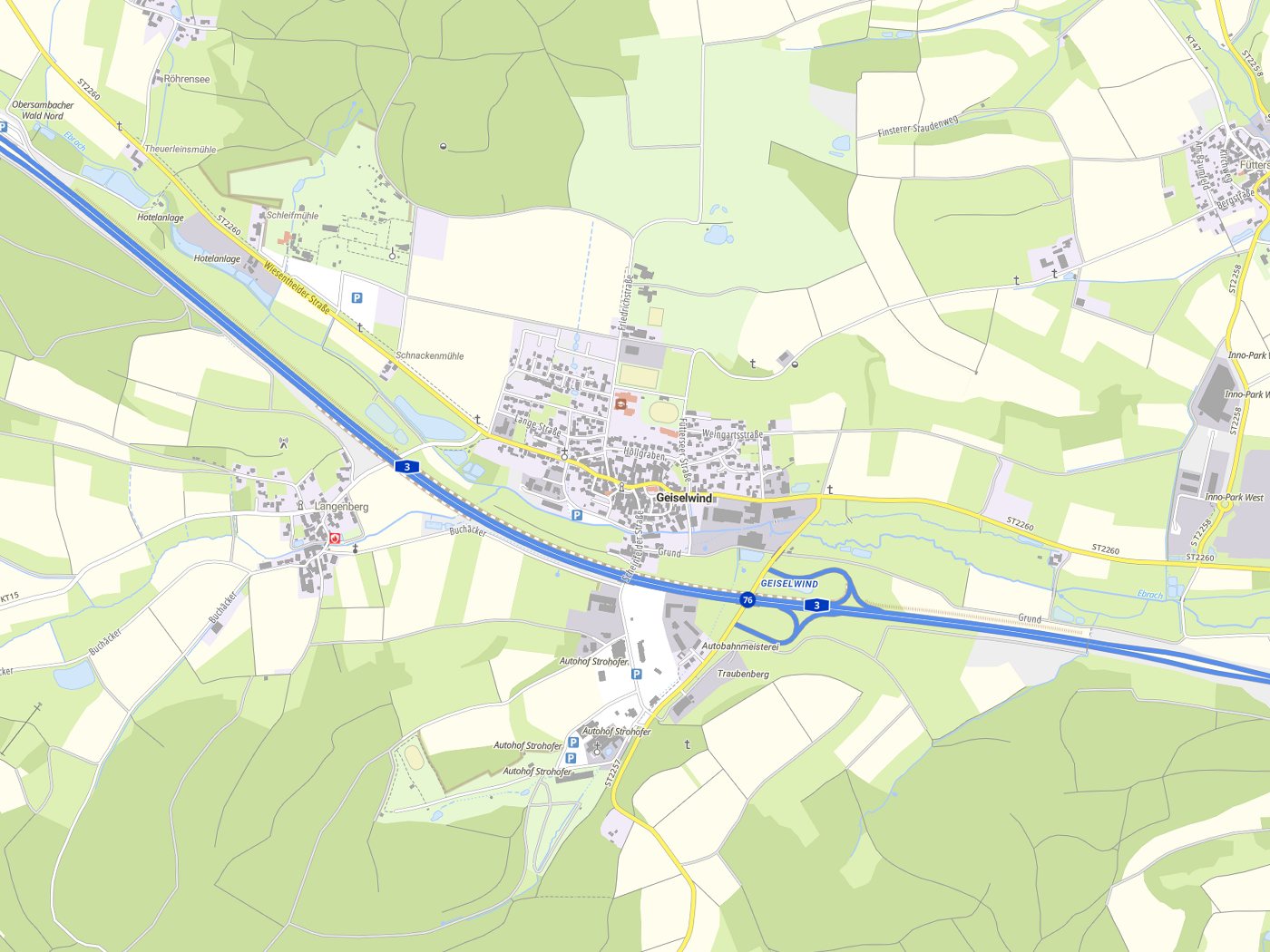 Kartenausschnitt Geiselwind mit Gewässern