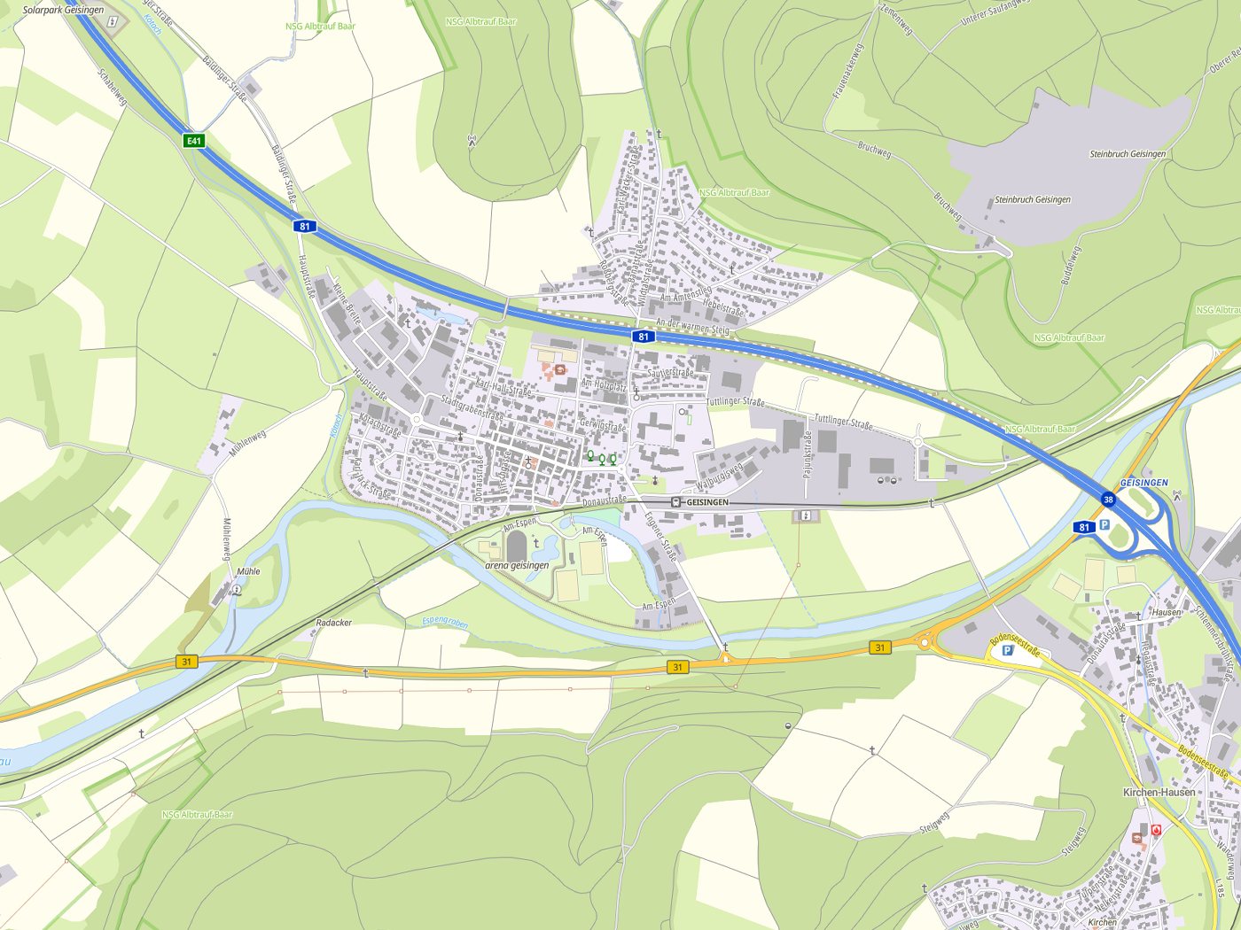 Kartenausschnitt Geisingen mit Gewässern