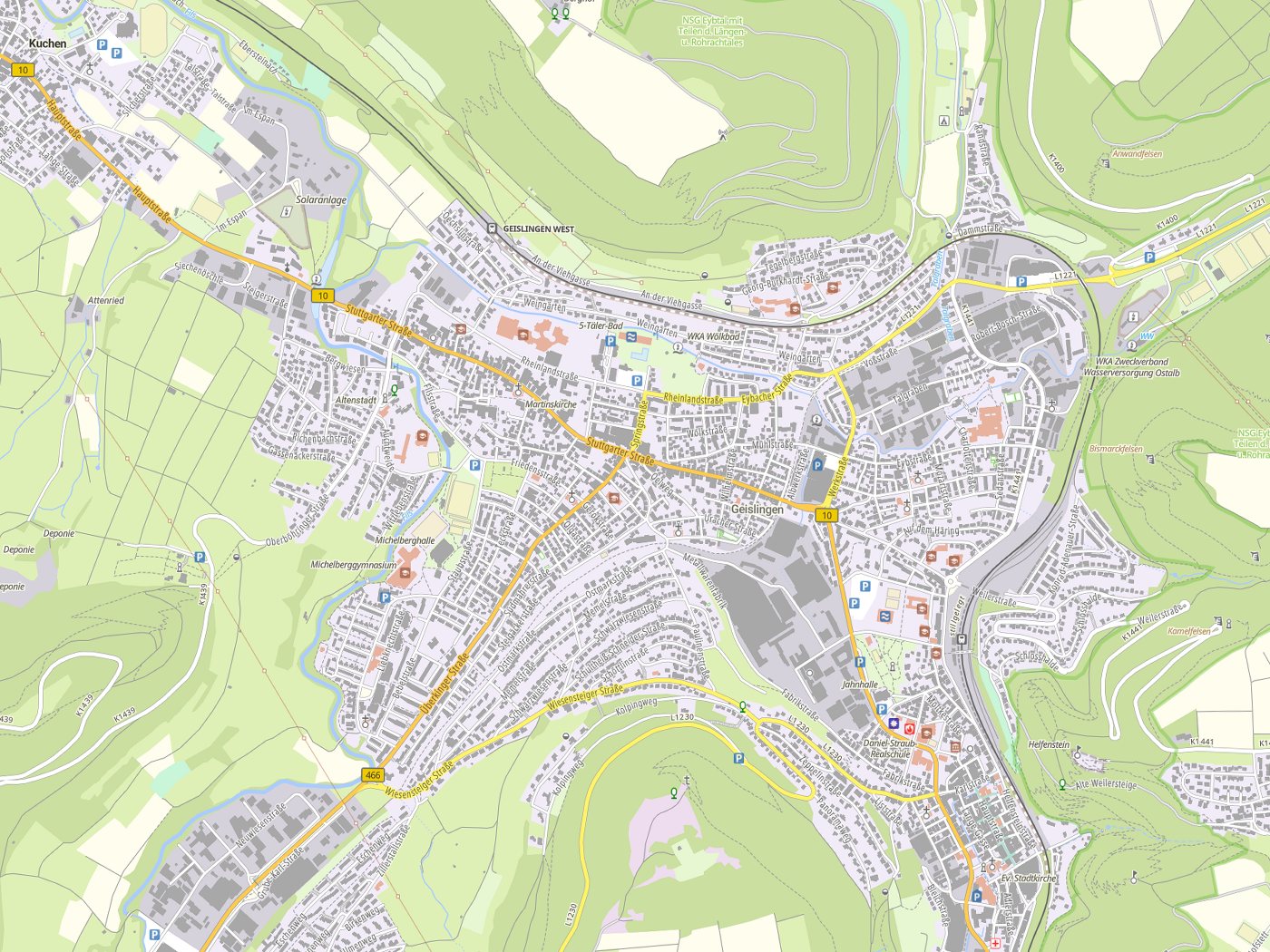 Kartenausschnitt Geislingen an der Steige mit Gewässern