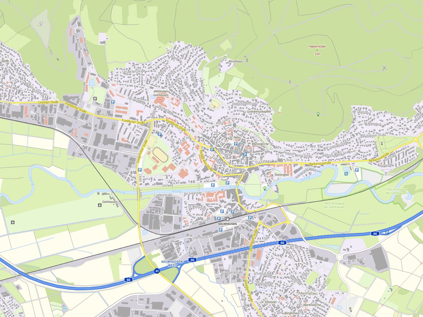 Kartenausschnitt Gelnhausen mit Gewässern