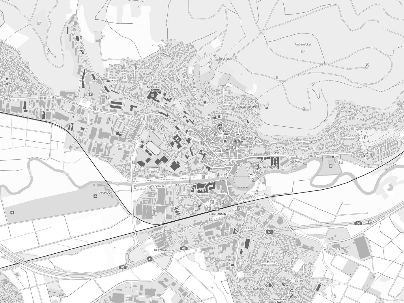 Kartenausschnitt Gelnhausen mit Gewässern