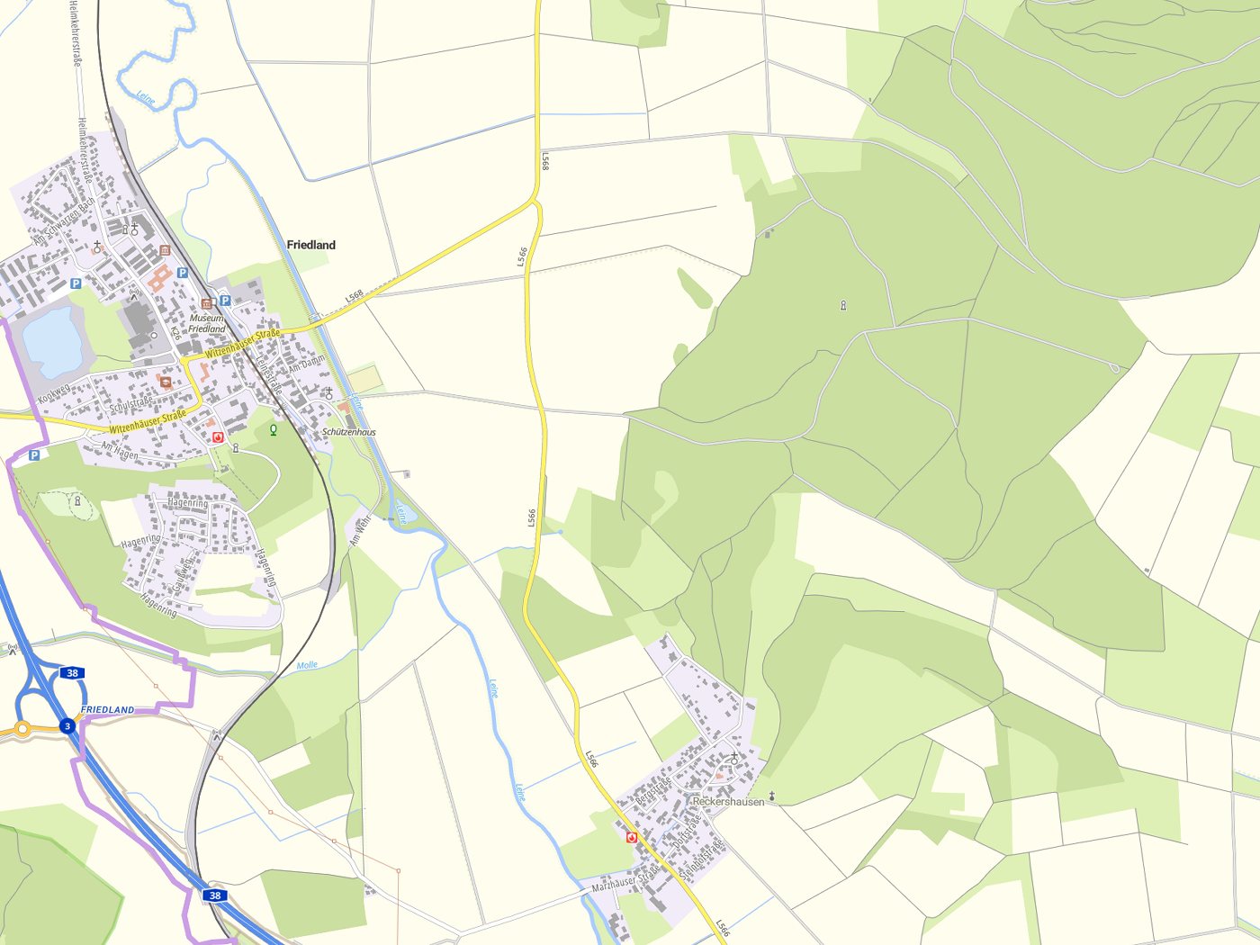 Kartenausschnitt Gemeinde Friedland mit Gewässern