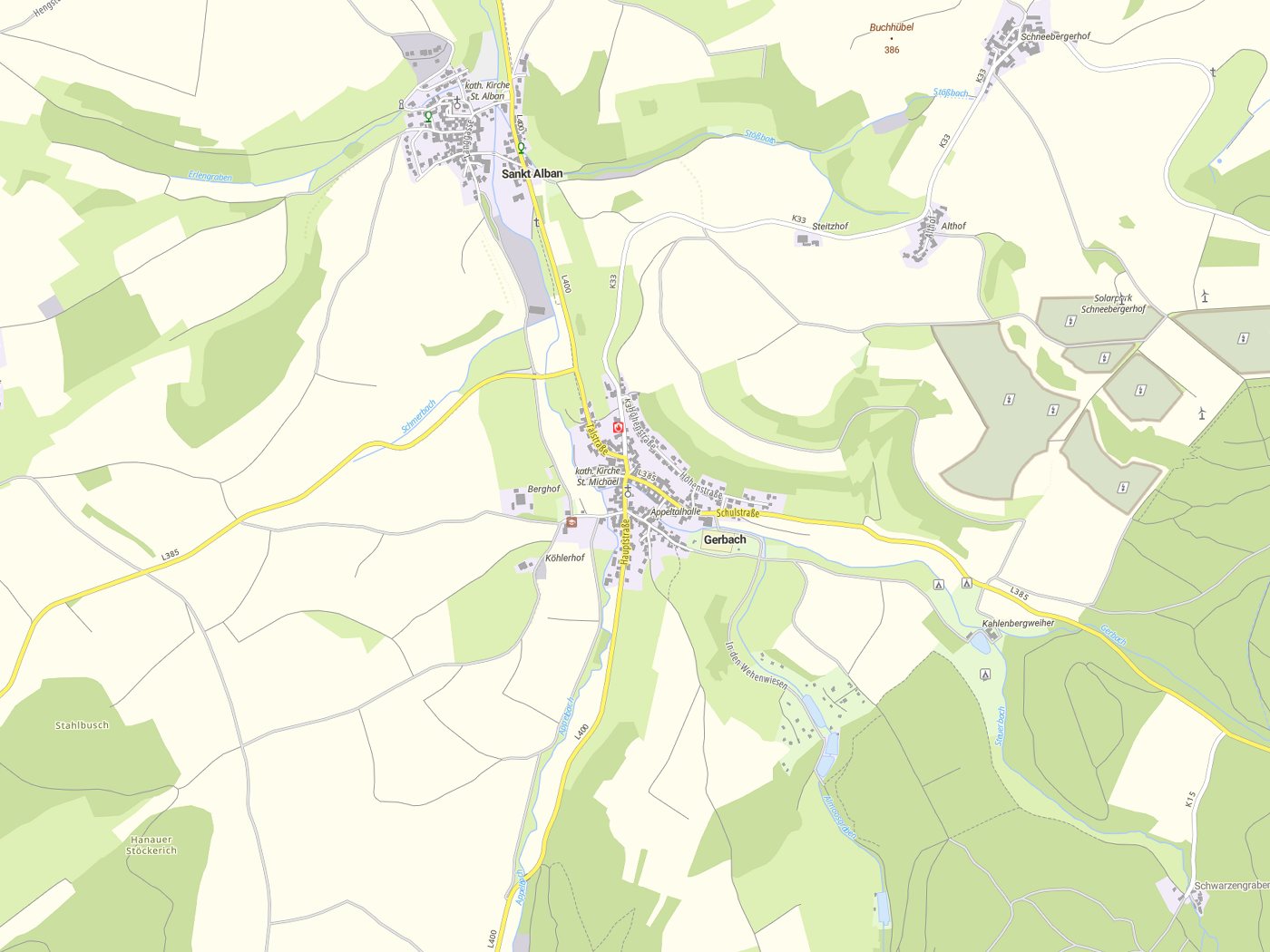 Kartenausschnitt Gerbach mit Gewässern