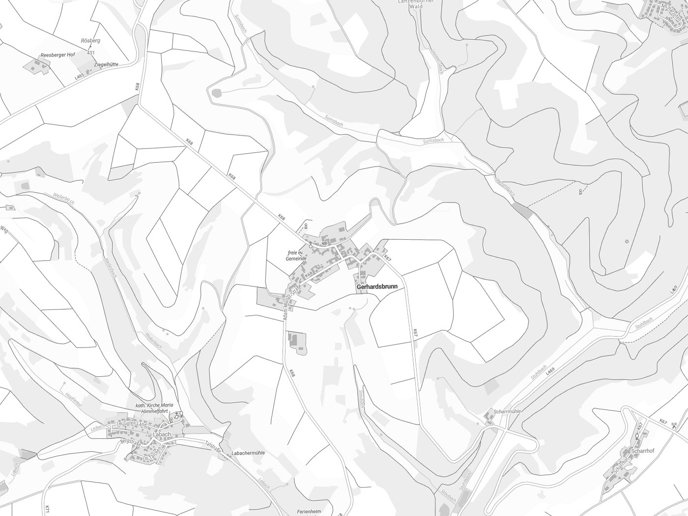 Kartenausschnitt Gerhardsbrunn mit Gewässern