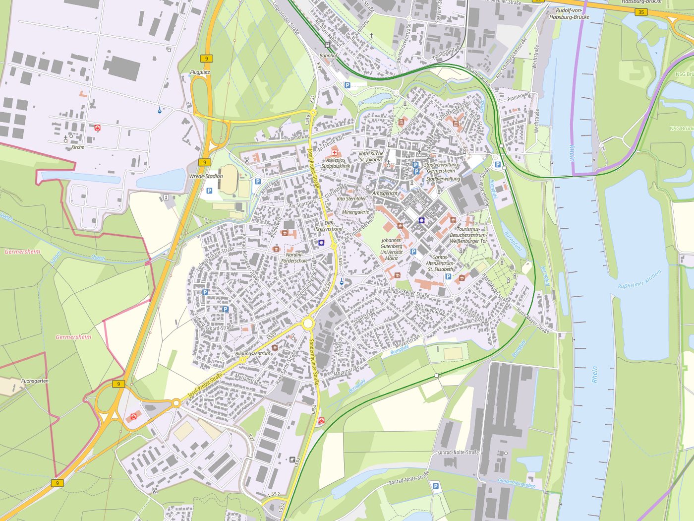 Kartenausschnitt Germersheim mit Gewässern