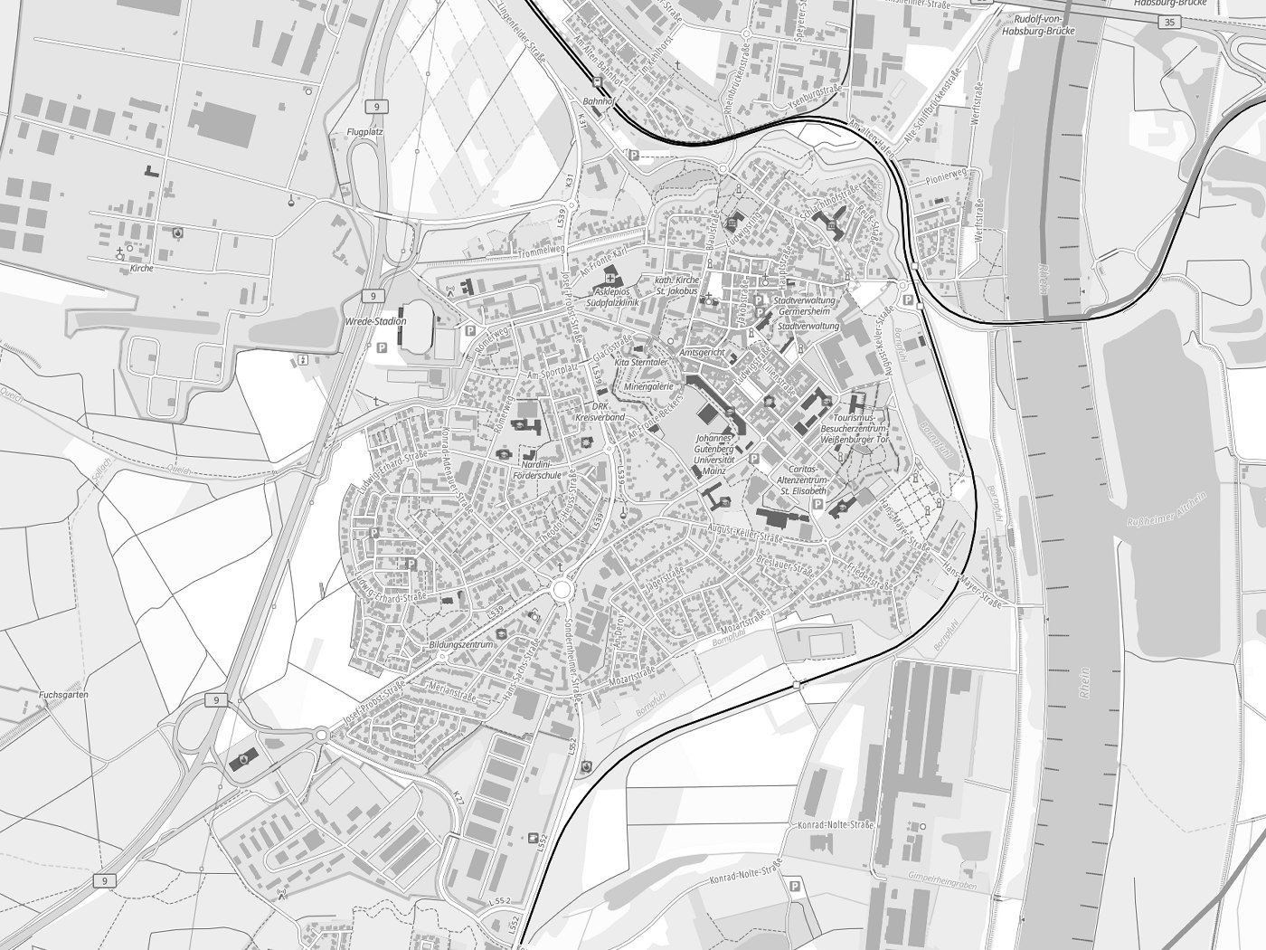 Kartenausschnitt Germersheim mit Gewässern