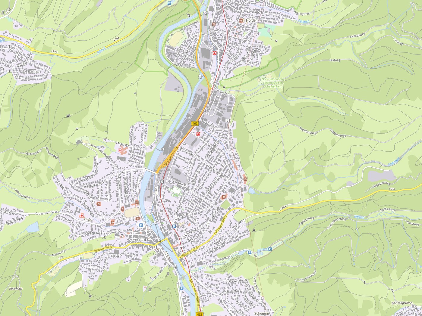 Kartenausschnitt Gernsbach mit Gewässern