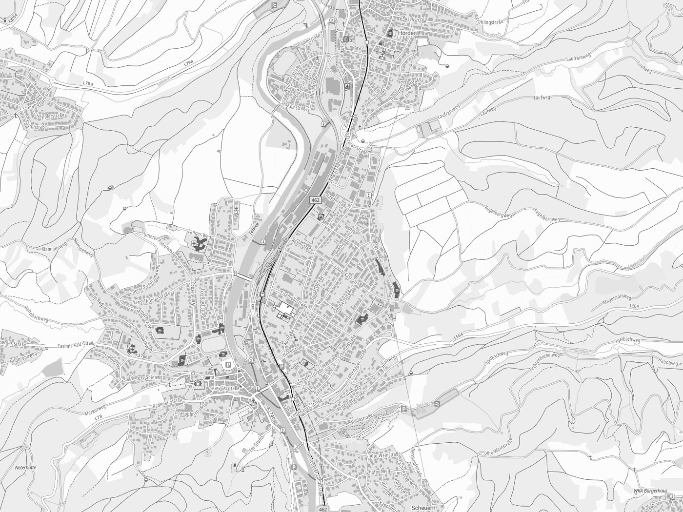 Kartenausschnitt Gernsbach mit Gewässern