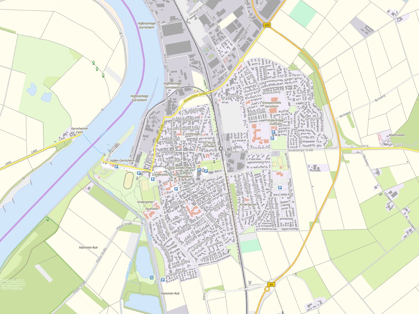 Kartenausschnitt Gernsheim mit Gewässern
