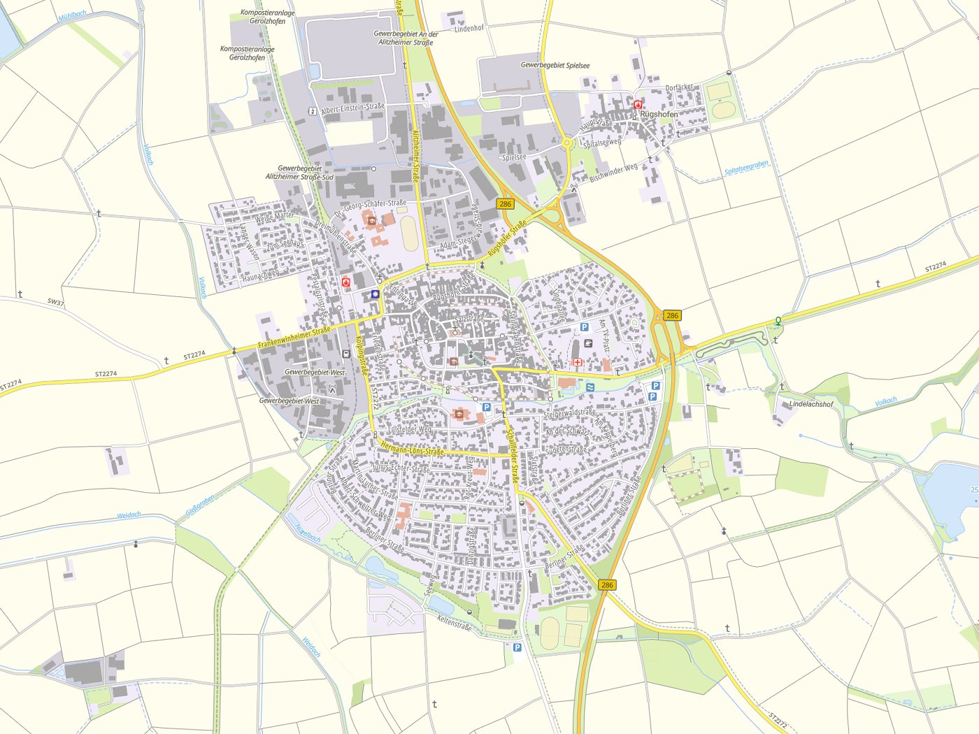 Kartenausschnitt Gerolzhofen mit Gewässern