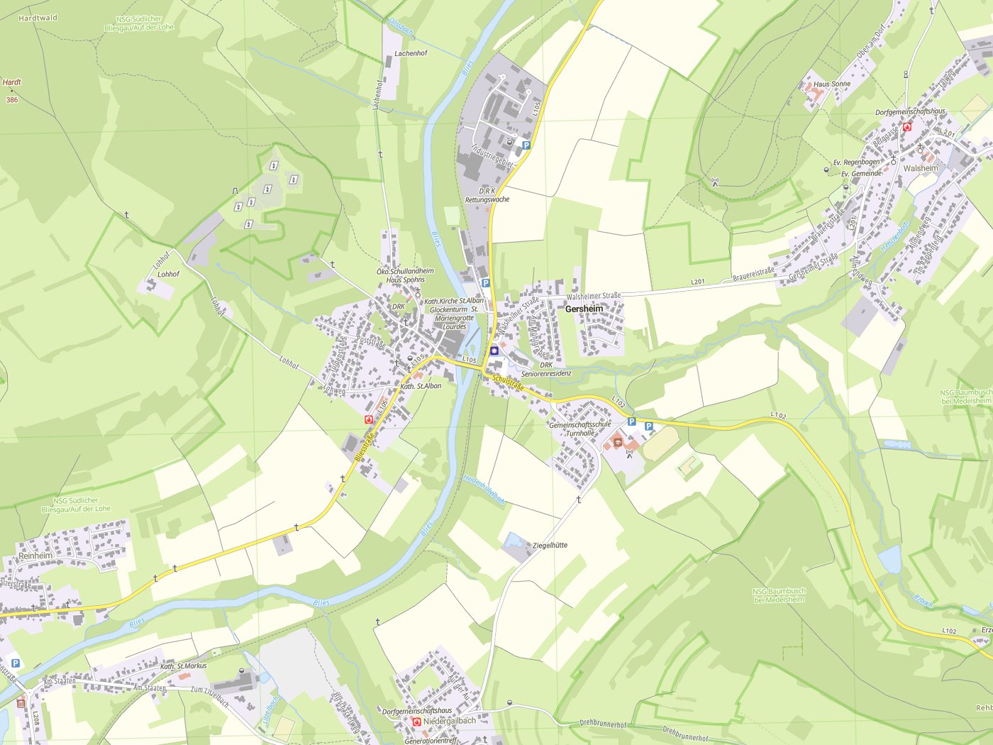Kartenausschnitt Gersheim mit Gewässern