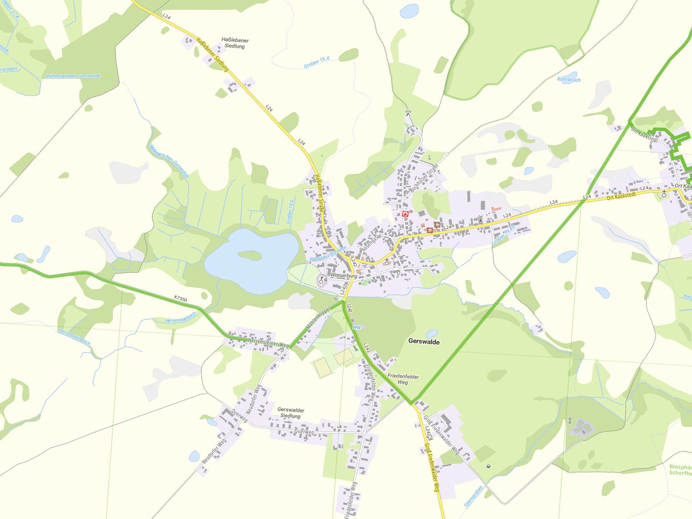 Kartenausschnitt Gerswalde mit Gewässern