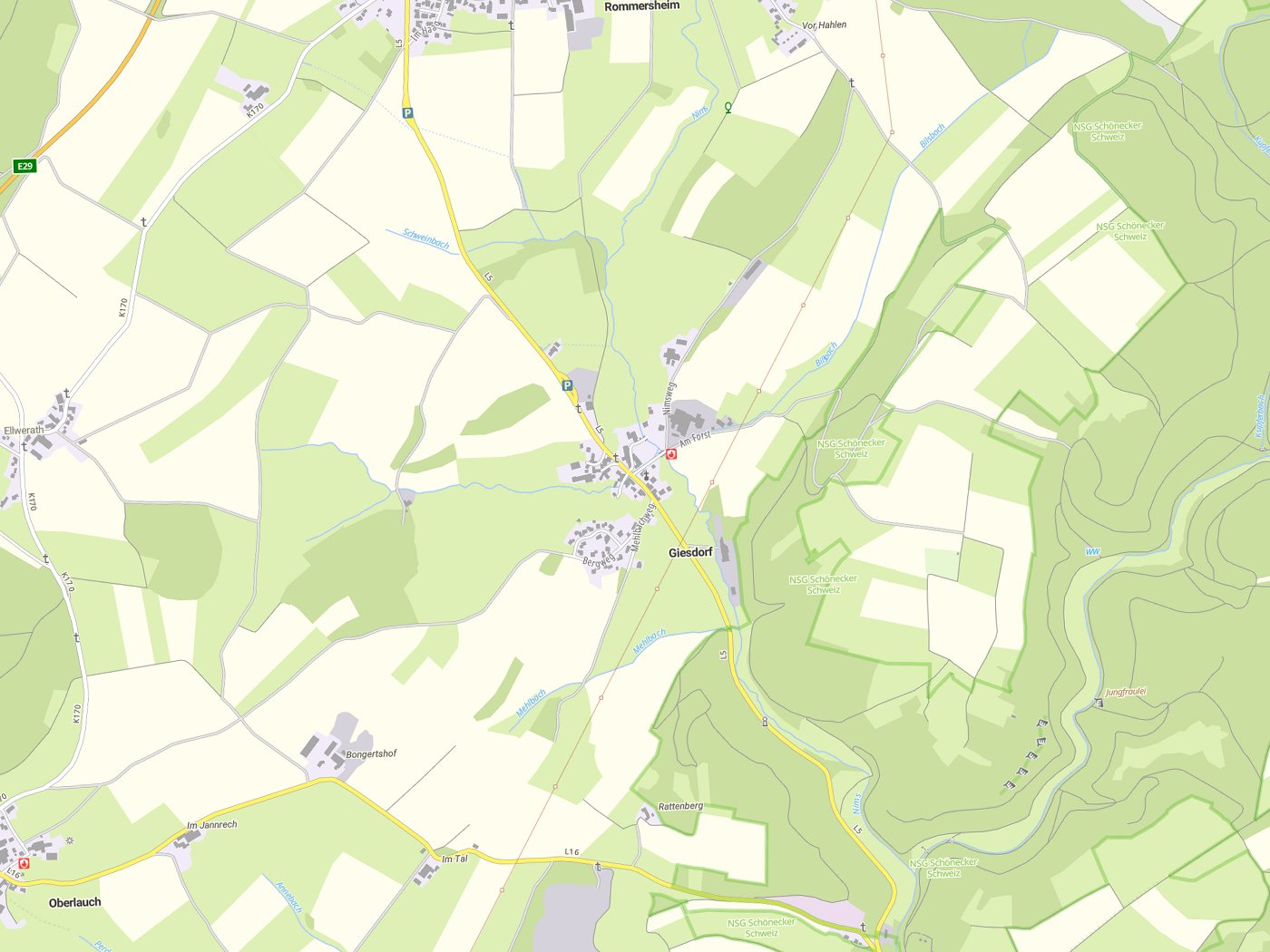 Kartenausschnitt Giesdorf mit Gewässern