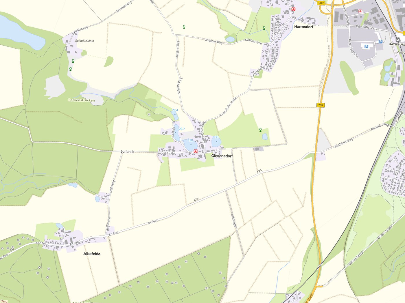 Kartenausschnitt Giesensdorf mit Gewässern