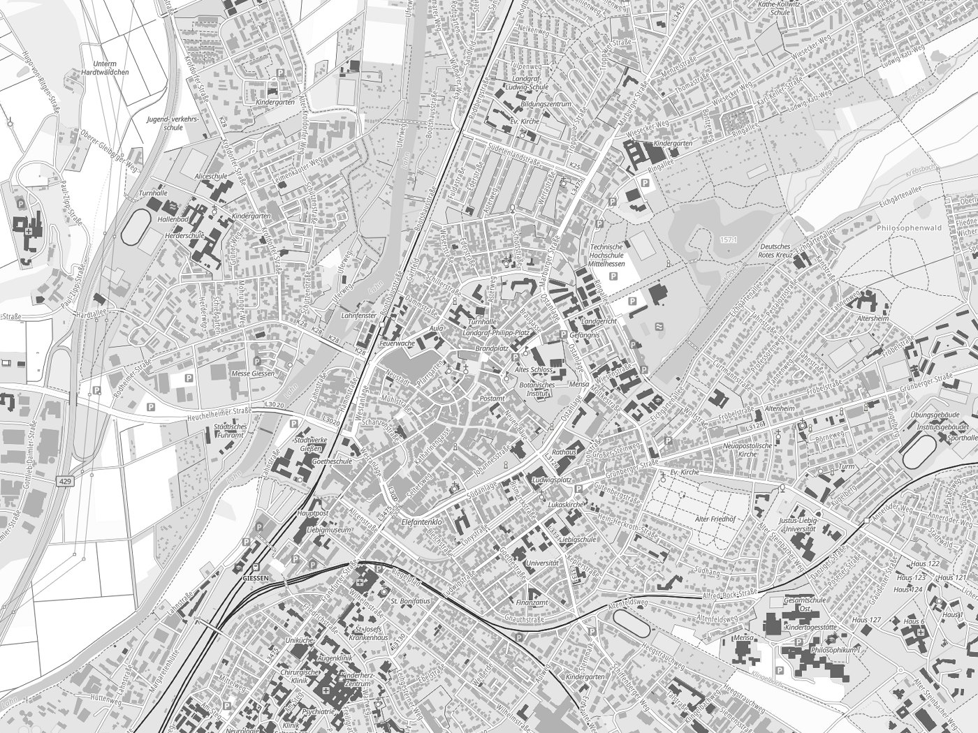 Kartenausschnitt Gießen mit Gewässern