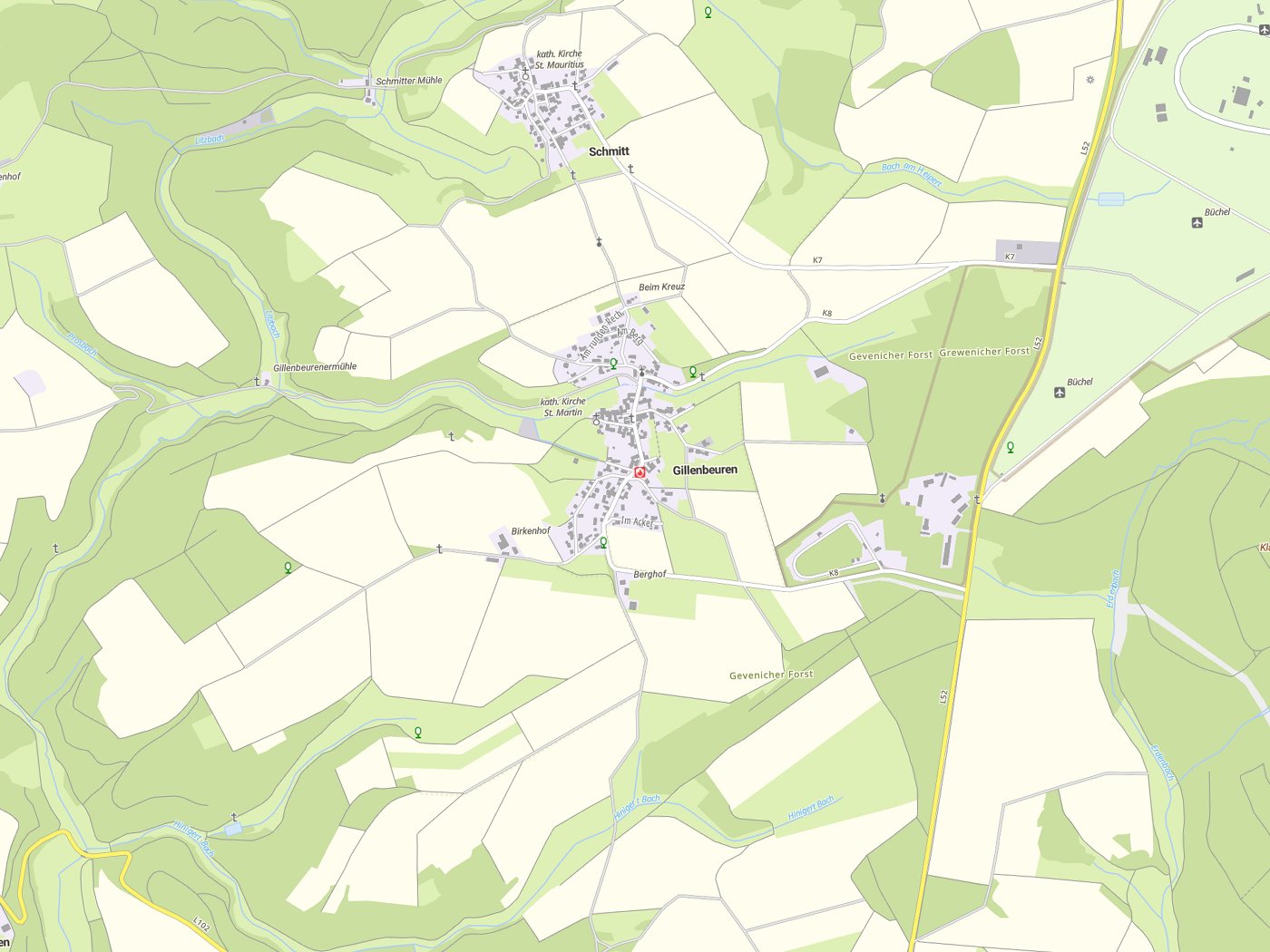 Kartenausschnitt Gillenbeuren mit Gewässern
