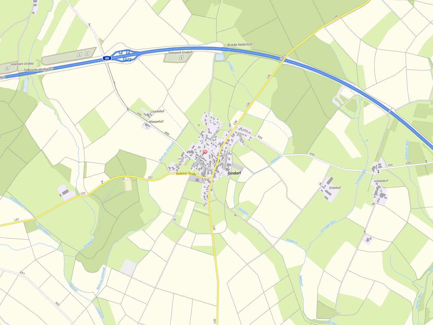 Kartenausschnitt Gindorf mit Gewässern