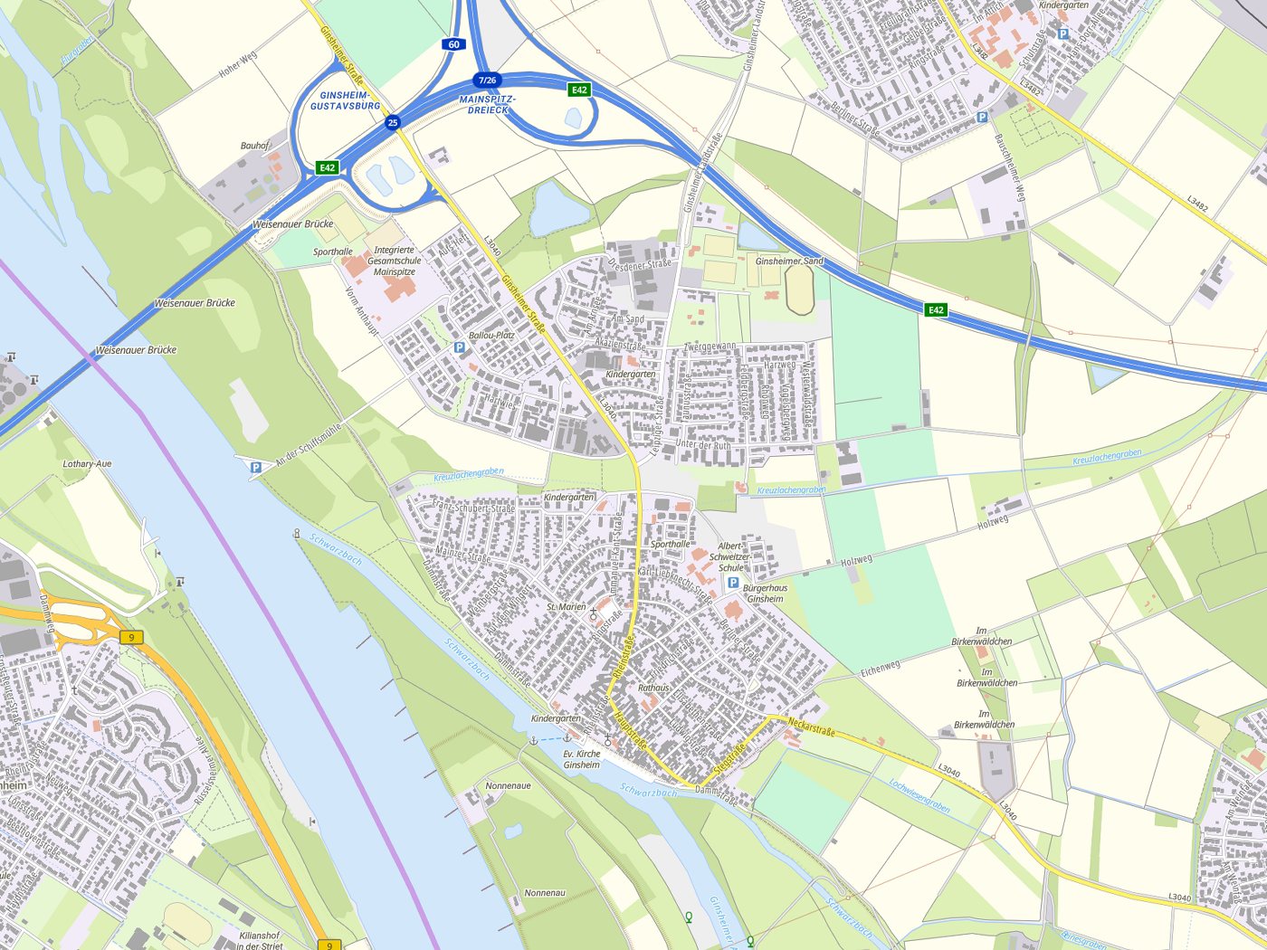 Kartenausschnitt Ginsheim-Gustavsburg mit Gewässern