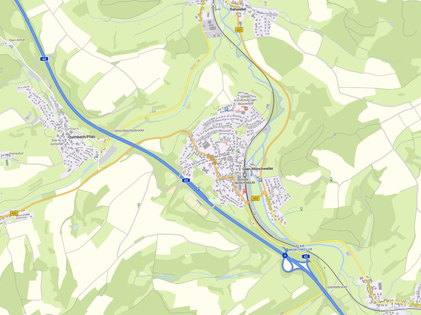 Kartenausschnitt Glan-Münchweiler mit Gewässern