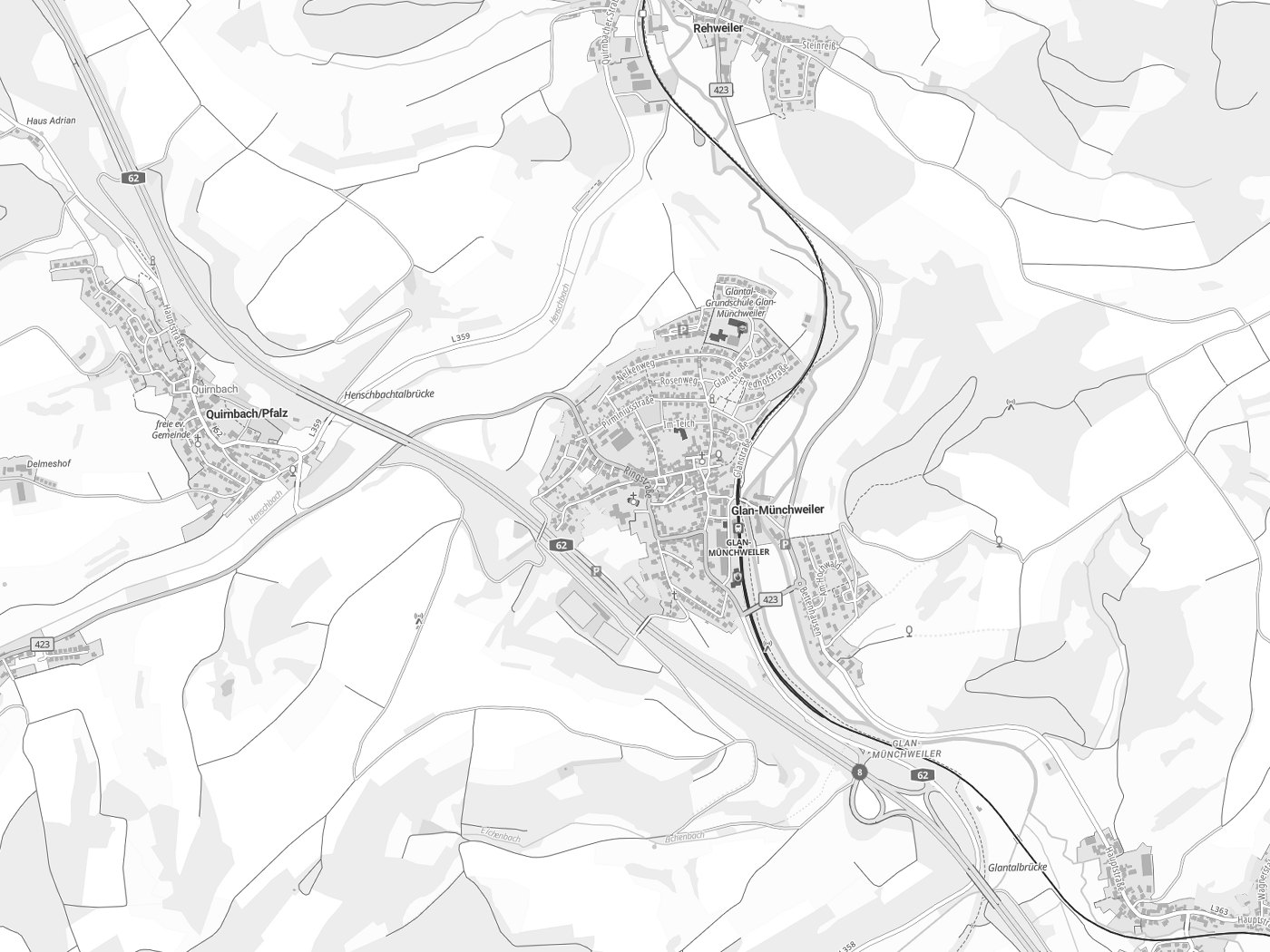 Kartenausschnitt Glan-Münchweiler mit Gewässern