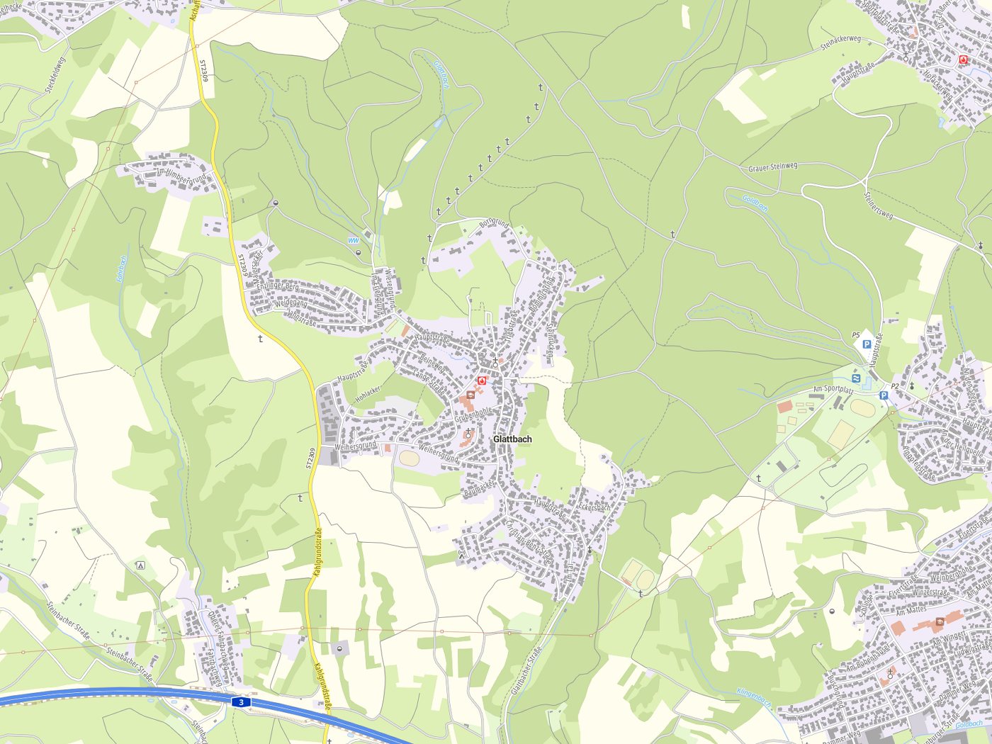 Kartenausschnitt Glattbach mit Gewässern