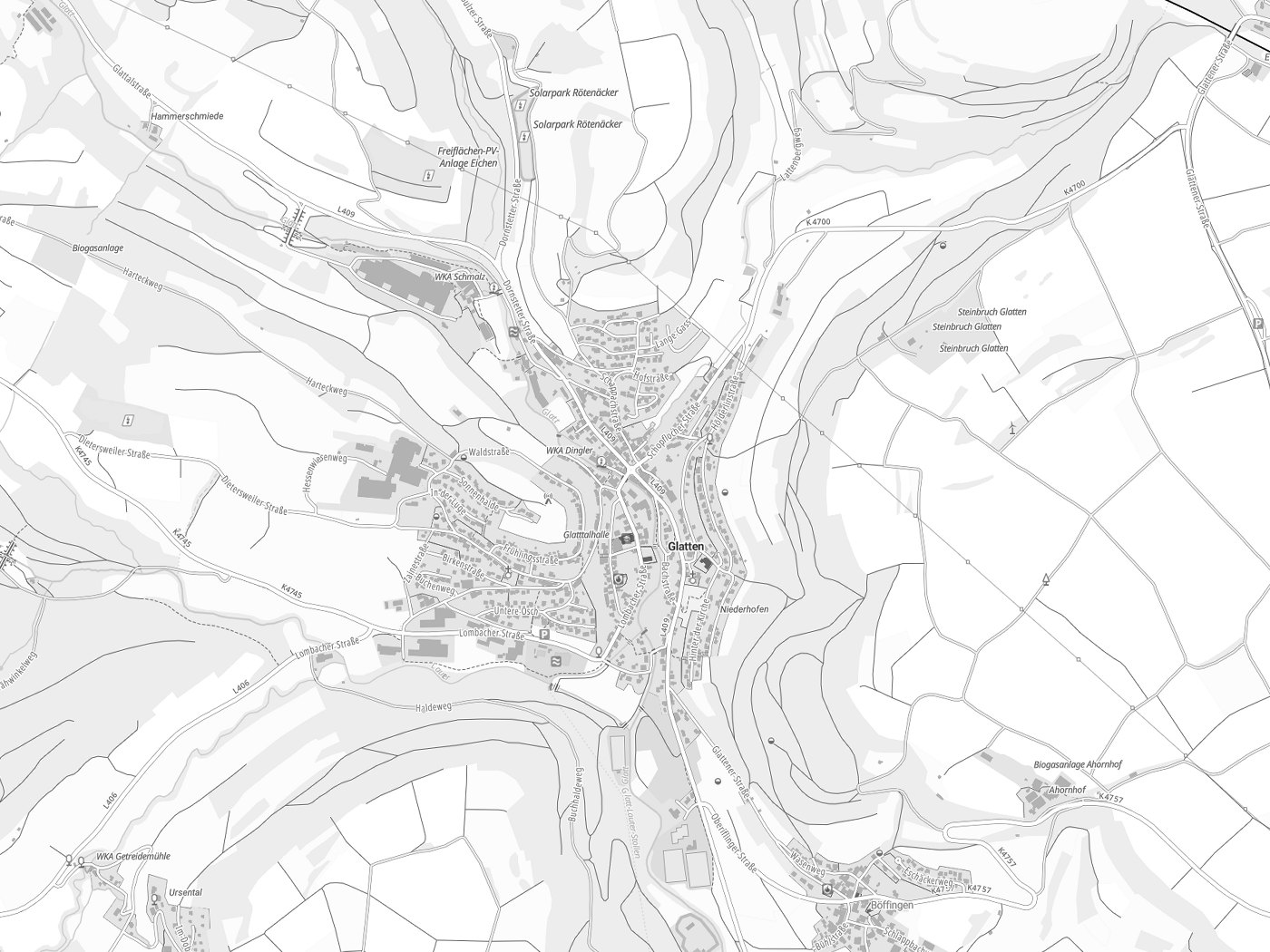 Kartenausschnitt Glatten mit Gewässern