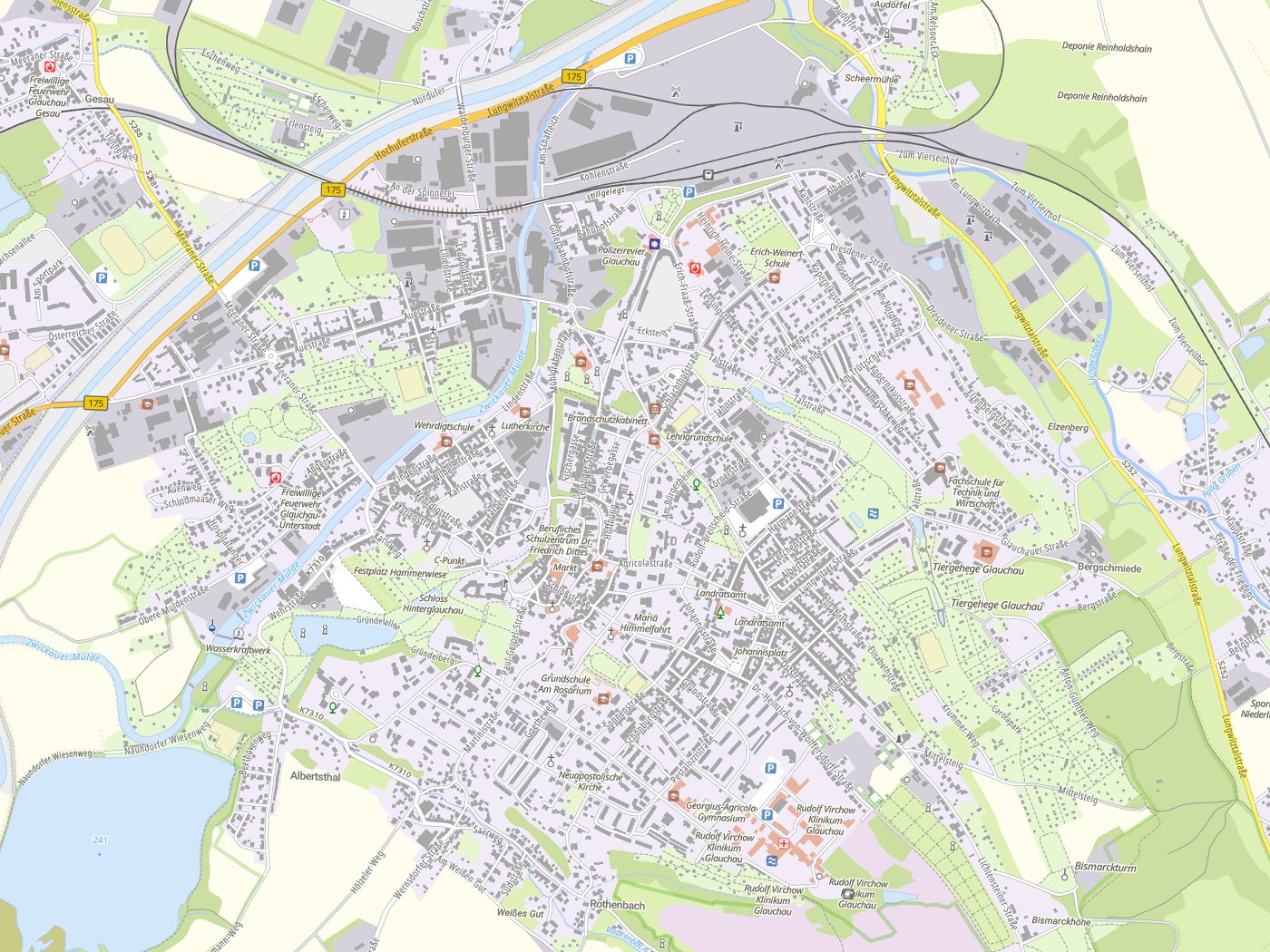 Kartenausschnitt Glauchau mit Gewässern
