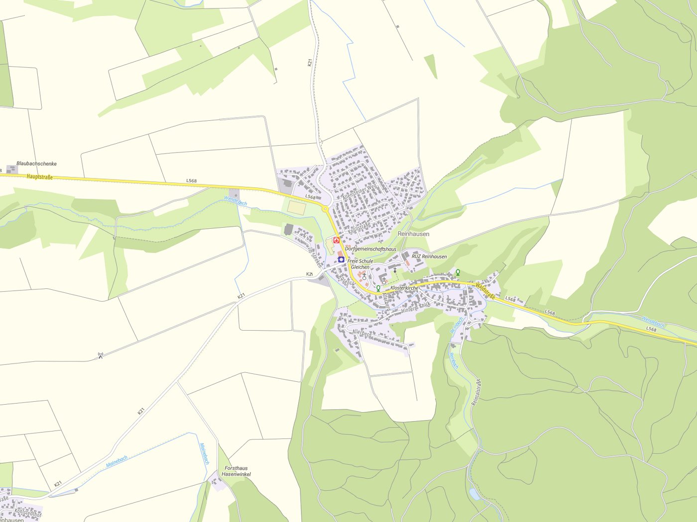 Kartenausschnitt Gleichen mit Gewässern
