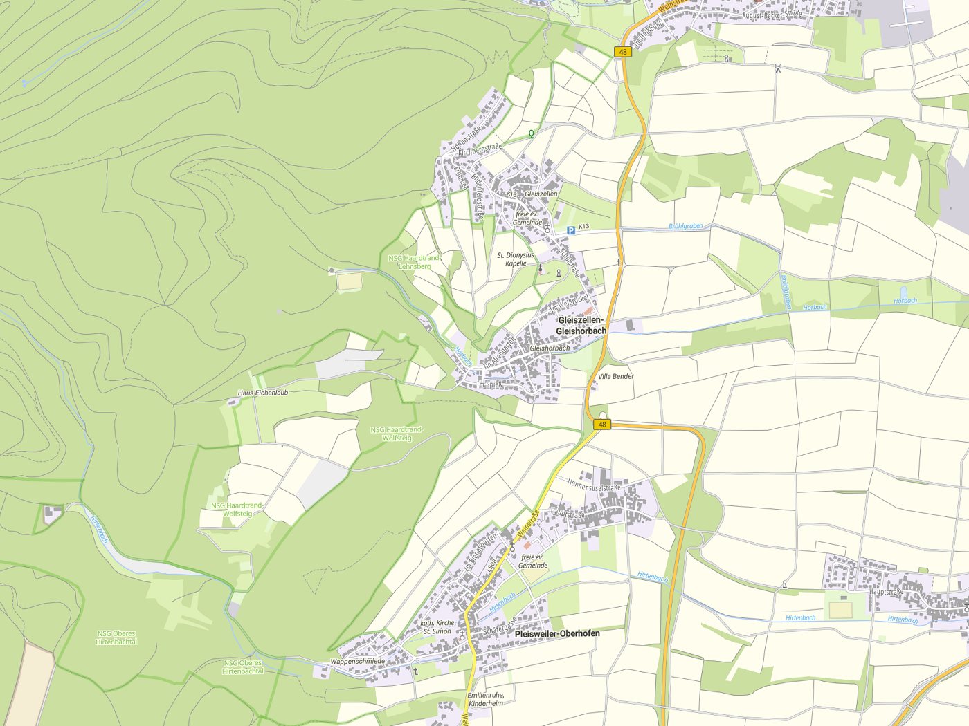 Kartenausschnitt Gleiszellen-Gleishorbach mit Gewässern