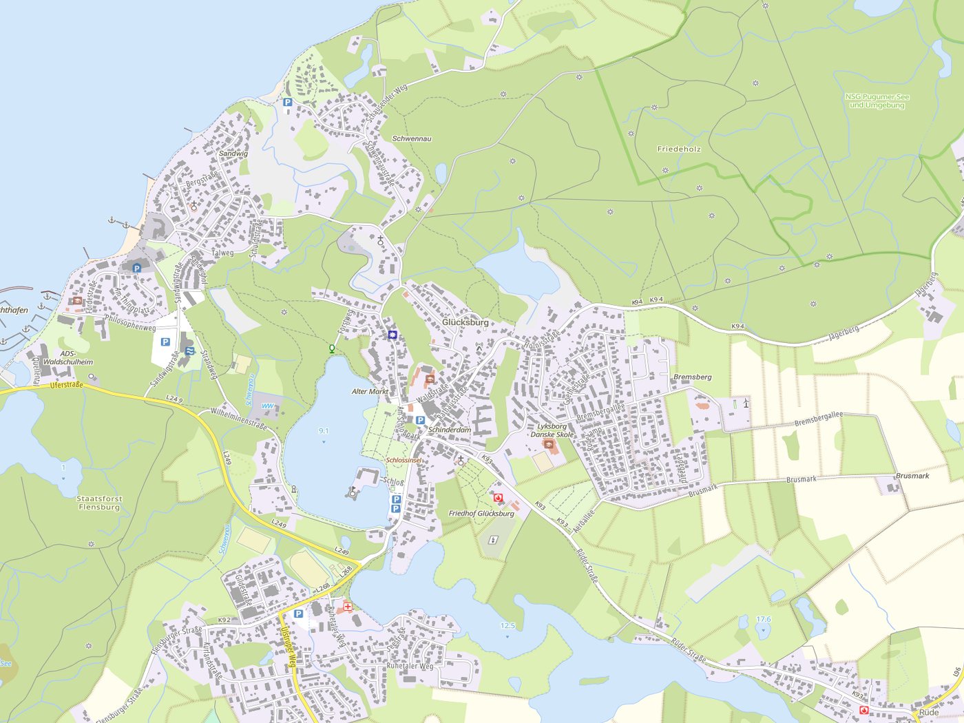Kartenausschnitt Glücksburg (Ostsee) mit Gewässern