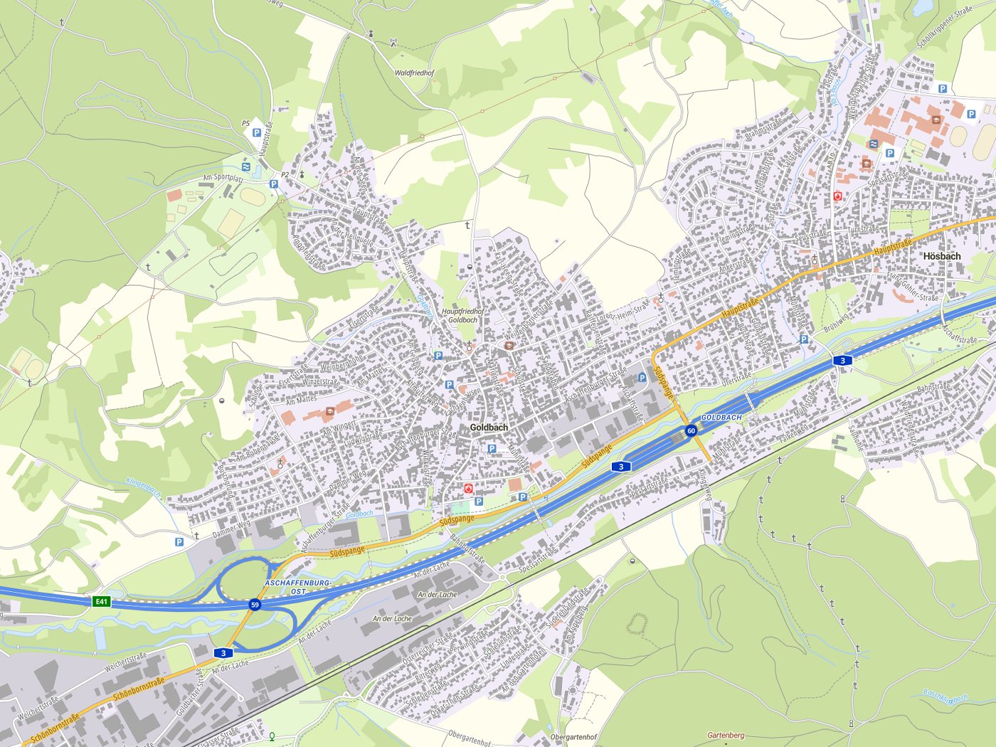Kartenausschnitt Goldbach mit Gewässern