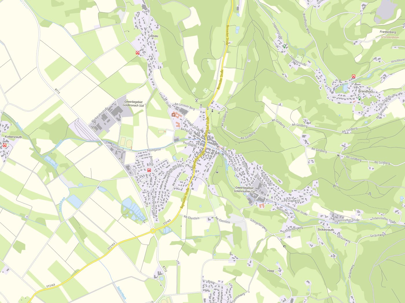 Kartenausschnitt Goldkronach mit Gewässern