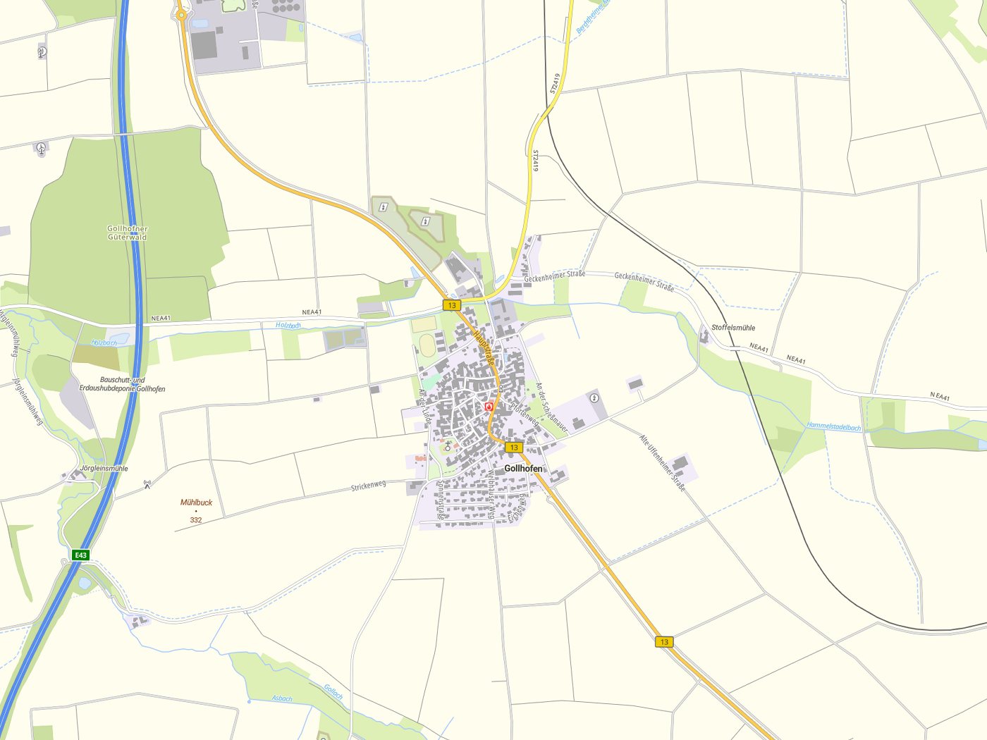 Kartenausschnitt Gollhofen mit Gewässern