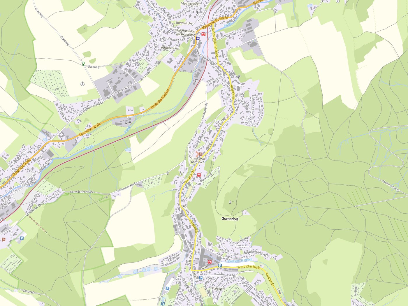 Kartenausschnitt Gornsdorf mit Gewässern