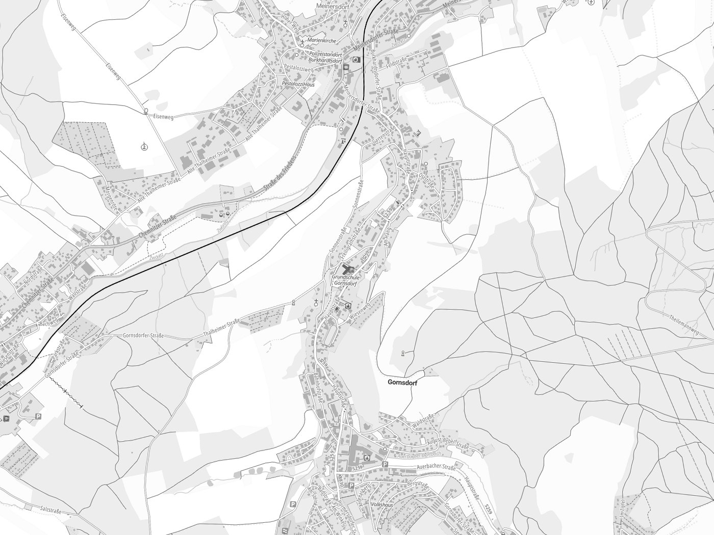 Kartenausschnitt Gornsdorf mit Gewässern
