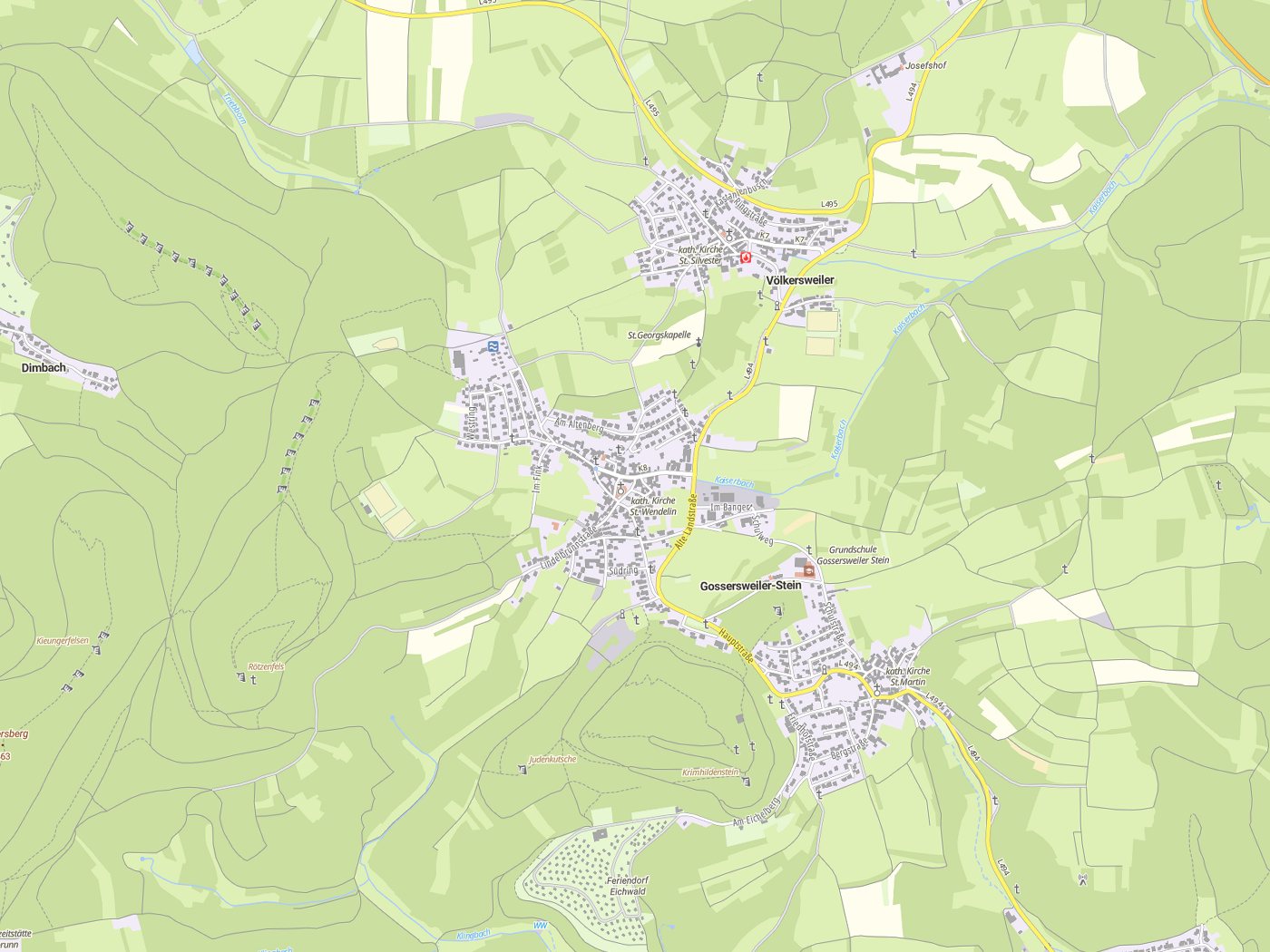 Kartenausschnitt Gossersweiler-Stein mit Gewässern