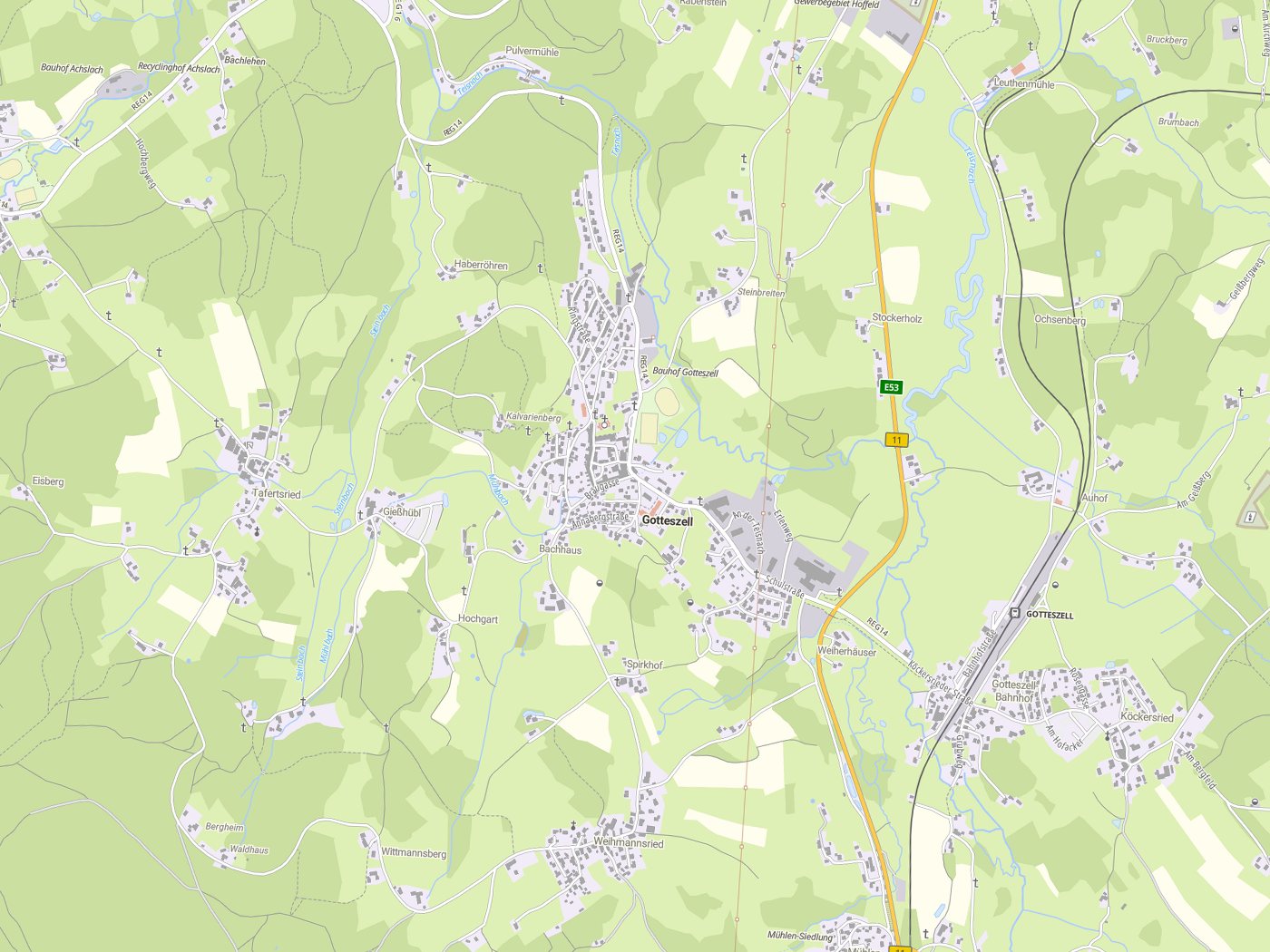 Kartenausschnitt Gotteszell mit Gewässern