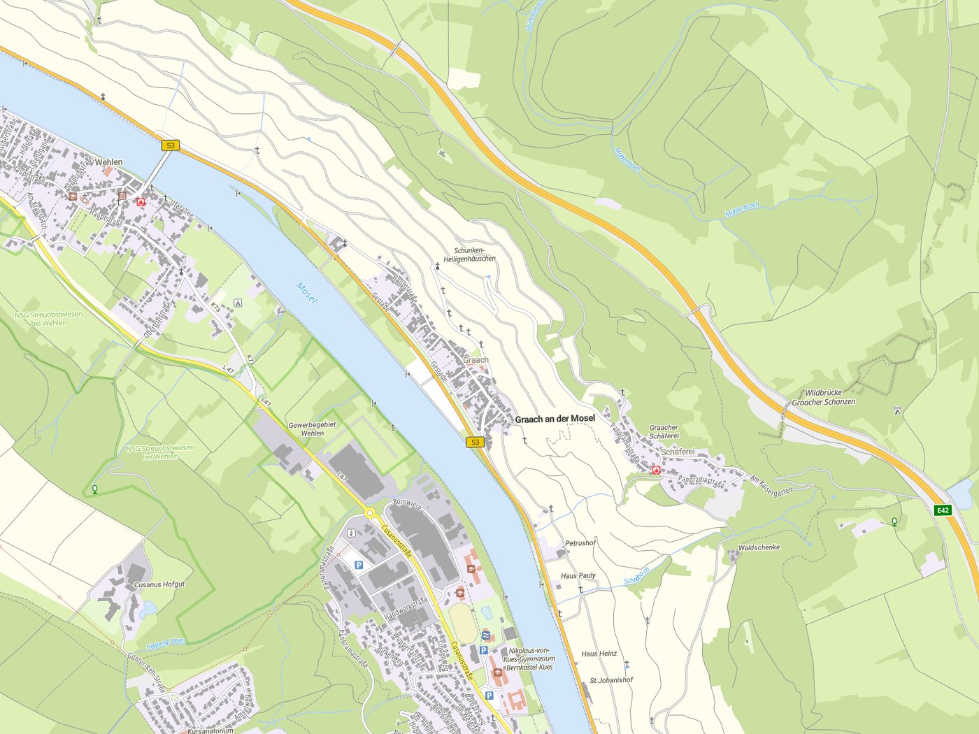 Kartenausschnitt Graach an der Mosel mit Gewässern