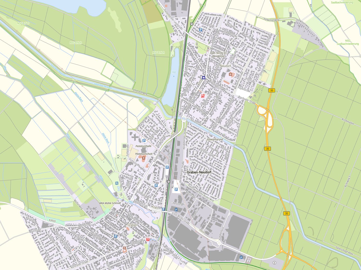 Kartenausschnitt Graben-Neudorf mit Gewässern